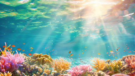This vibrant underwater scene showcases colorful coral reefs illuminated by sunlight filtering through the water surface, creating a serene marine environment.の素材