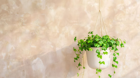 A beautiful hanging plant in a modern white pot, showcasing vibrant green foliage against a soft textured background, perfect for enhancing any interior space.の素材