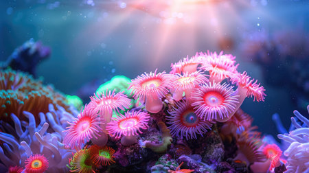 This stunning underwater photograph showcases a vividly colorful arrangement of anemones and coral, illuminated by soft sunlight breaking through the ocean surface.の素材
