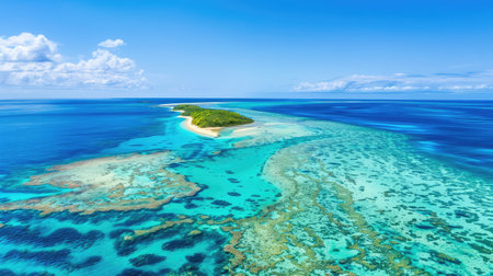 Discover an aerial view of a stunning tropical island embraced by crystal-clear blue water and vibrant coral reefs, showcasing nature's beauty and serenity.の素材