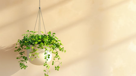 A vibrant hanging plant in a white pot adds a touch of nature to any indoor space. Soft shadows enhance the minimalist aesthetic of the scene.の素材