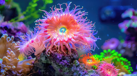 This stunning underwater photograph showcases a colorful display of anemones and coral in a marine aquarium, capturing the beauty of aquatic life.の素材