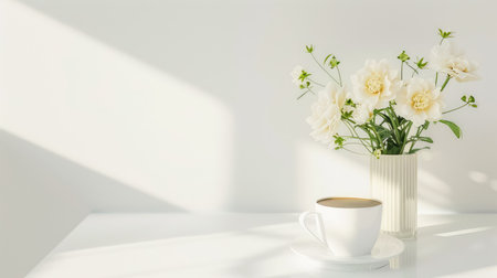 A tranquil scene featuring a white coffee cup and a bouquet of white flowers in a vase, beautifully illuminated by soft natural sunlight.の素材
