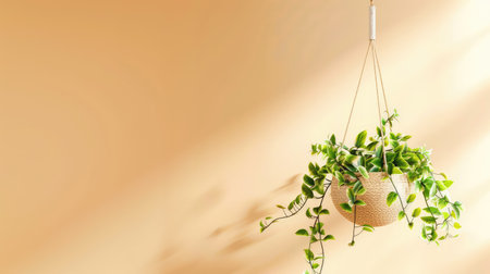 A beautiful hanging planter featuring lush green vines against a warm peach backdrop. This image evokes feelings of tranquility and modern aesthetics in home decor.の素材