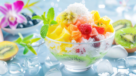 Delight in a vibrant fruit salad bowl filled with fresh tropical fruits, ice, and garnished with mint leaves, perfect for summer enjoyment.の素材