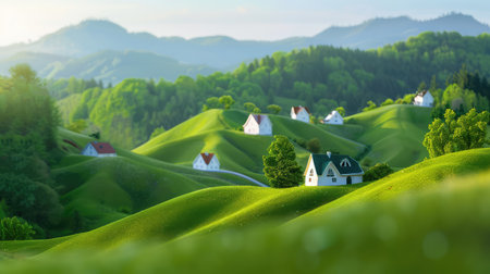 This stunning image captures a serene landscape featuring rolling green hills, charming houses, and majestic mountains under a clear blue sky, perfect for nature lovers.の素材