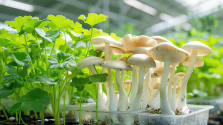 A captivating view of fresh culinary mushrooms alongside vibrant green herb plants thriving in a bright greenhouse. Perfect for nature and food enthusiasts.の素材