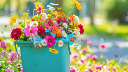 A vibrant flower arrangement in a blue container showcases a beautiful mix of blooms, creating a joyful and colorful scene in a lively garden setting.の素材