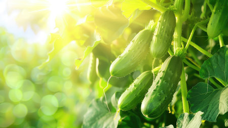 Vibrant cucumbers flourish on lush vines, illuminated by warm sunlight. This captivating image captures the essence of fresh produce, health, and nature.の素材