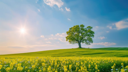 A stunning landscape showcasing a solitary tree standing tall in a vibrant green meadow filled with blooming yellow flowers under a clear blue sky.の素材