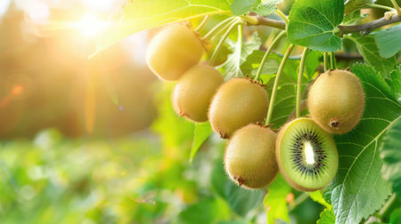 A beautiful close-up of fresh kiwi fruits hanging from branches, illuminated by warm sunlight. The vibrant green foliage enhances the natural beauty, perfect for health and nature themes.の素材