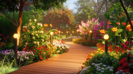 A serene garden pathway adorned with vibrant flowers and softly glowing lanterns creates a magical, tranquil atmosphere perfect for relaxation and inspiration.の素材