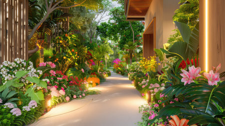 A tranquil garden pathway adorned with vibrant blooms and lush greenery under bright sunlight, creating a serene outdoor retreat for relaxation and beauty.の素材