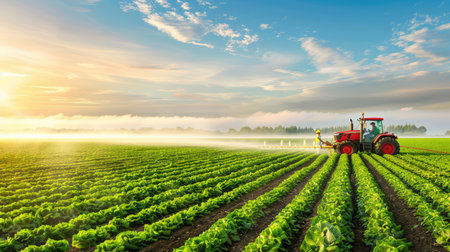 A picturesque agricultural scene at dawn, featuring a red tractor spraying crops in lush fields. Sunlight filters through clouds, creating a serene atmosphere.の素材