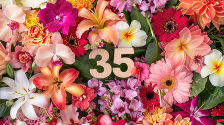 A lush arrangement of diverse flowers in vibrant colors with the number thirty-five prominently featured, perfect for celebrations or special occasions.の素材