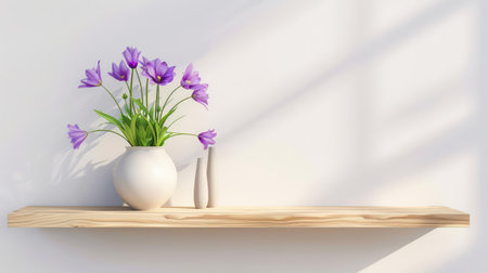 A serene display featuring purple flowers in a ceramic vase set on a minimalist wooden shelf, creating a tranquil and elegant home atmosphere.の素材