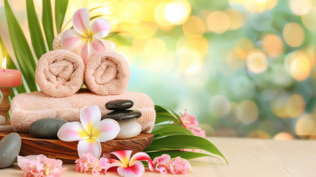 This soothing spa scene features rolled towels, smooth stones, and vibrant tropical flowers arranged on a wooden surface, surrounded by a soft bokeh backdrop.の素材