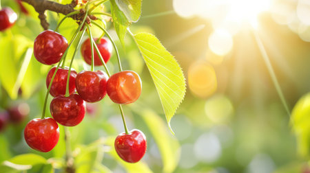 A close-up of bright cherries hanging from a branch, bathed in warm sunlight, set against a backdrop of lush green leaves, showcasing nature's bounty.の素材
