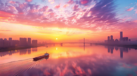 A stunning sunrise illuminates the urban skyline, reflecting vibrant colors on the river's surface as a boat glides peacefully, capturing the essence of tranquility and beauty.の素材