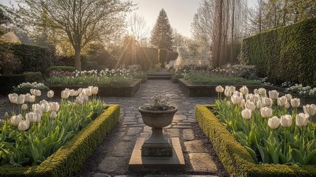 This serene garden scene captures the beauty of tulips blooming in the soft glow of sunrise, framed by stone pathways and lush greenery, inviting peace.の素材
