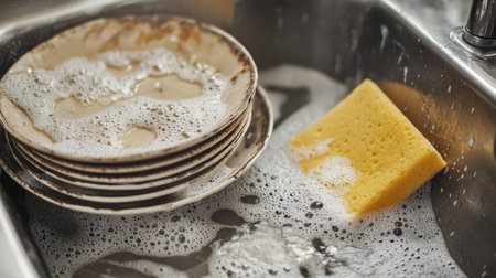 A kitchen sink filled with bubbles and dirty dishes waiting to be cleaned, featuring a bright yellow sponge for scrubbing, highlighting domestic chores.の素材