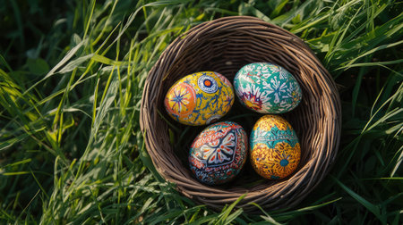 A beautiful arrangement of colorful decorative eggs placed in a woven basket on lush green grass, perfect for celebrating Easter traditions and spring festivity.の素材