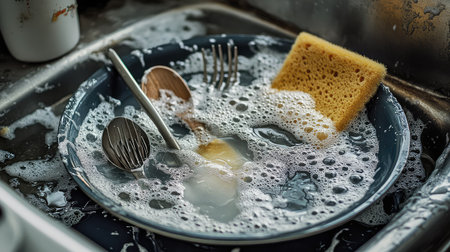 A close-up view of dirty dishes submerged in soapy water in a kitchen sink, featuring utensils and a sponge, reflecting a household cleaning routine.の素材
