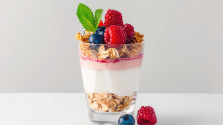 A vibrant yogurt parfait showcasing layers of creamy yogurt, crunchy granola, fresh raspberries, and blueberries, topped with a sprig of mint. Perfect for illustrating healthy eating or dessert options.の素材