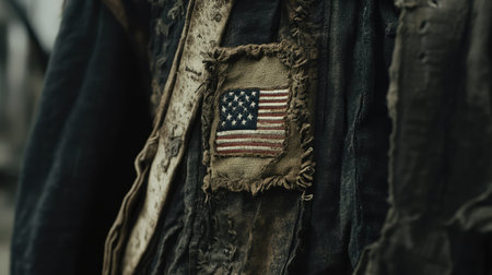 This image showcases a vintage distressed jacket, featuring a prominently displayed American flag patch. The weathered texture and intricate fabric details evoke a sense of history and individuality.の素材