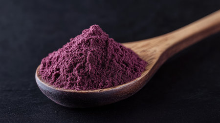 A vibrant purple powder rests in a wooden spoon against a dark backdrop, perfect for culinary exploration, artistic creations, or healthy recipes.の素材