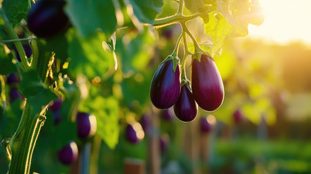 A beautiful image showcasing fresh eggplants hanging from a vine in a sunlit garden, highlighting the vibrant colors and healthy growth of vegetables.の素材