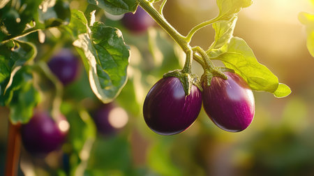 This captivating image showcases fresh organic eggplants nestled among lush green leaves, illuminated by warm sunlight in a vibrant garden.の素材