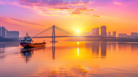 A serene sunset scene over a river features a ship sailing peacefully past a city skyline. The vibrant colors reflect beautifully in the calm waters.の素材