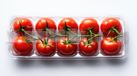 A clear plastic container filled with fresh red tomatoes on green stems, perfect for healthy meals and creative cooking. Ideal for various recipes.の素材