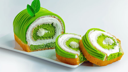 This enticing matcha roll cake features vibrant green layers and creamy filling, garnished with fresh leaves for a delightful presentation on a white plate.の素材