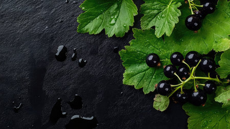 A striking composition showcasing fresh black currants on vibrant green leaves, arranged artistically on a dark surface, highlighting freshness and natural beauty.の素材