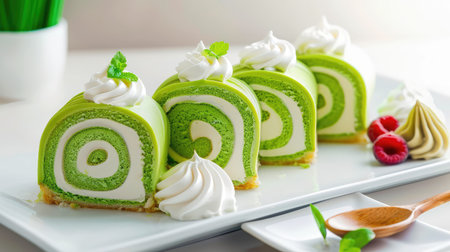 Bright and delightful green tea roll cake, layered with cream and mint garnish, served on a white plate for an elegant dessert presentation.の素材