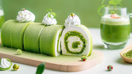 Enjoy a delightful Japanese green tea roll cake elegantly sliced and garnished. This vibrant dessert features creamy filling and fresh matcha. Perfect treat!の素材