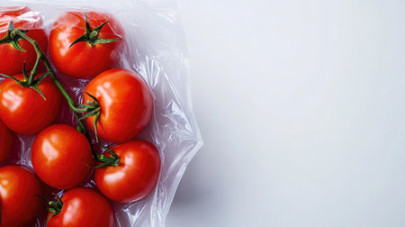 A visually appealing arrangement of fresh red tomatoes in a transparent plastic bag, perfect for culinary uses, healthy meals, and vibrant salads.の素材