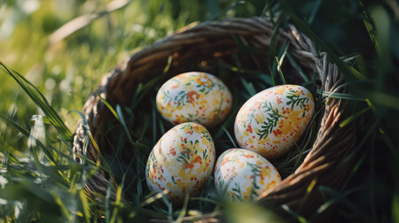 This image features beautifully hand-painted Easter eggs arranged in a woven basket, surrounded by vibrant green grass, capturing the spirit of spring festivities.の素材