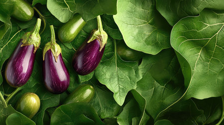 This beautiful arrangement showcases fresh organic eggplants nestled among lush green leaves, perfect for highlighting healthy food choices and vibrant cooking.の素材