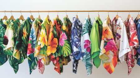 A collection of colorful tropical shirts displayed on hangers, perfect for summer fashion and beach outings. The vibrant patterns bring a lively touch to any wardrobe.の素材