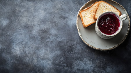 A rustic breakfast setting featuring slices of golden toast paired with rich berry jam served in a charming cup. Perfect for cozy mornings.の素材