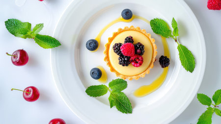 A beautifully arranged fruit tart topped with mixed berries and mint leaves, perfect for dessert lovers seeking an elegant sweet treat.の素材