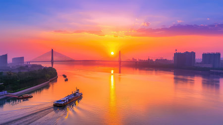 A breathtaking sunset casts vibrant colors over a calm river, featuring a beautiful bridge and a boat gliding peacefully, creating a serene landscape.の素材