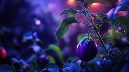 This captivating image showcases a fresh eggplant growing in a lush garden setting at night, surrounded by vibrant green foliage and illuminated by soft light.の素材
