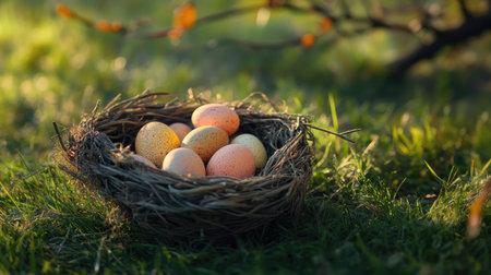 A beautifully arranged nest filled with colorful eggs rests gently on lush green grass, illuminated by soft sunlight, evoking a sense of tranquility and new life.の素材
