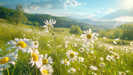 A breathtaking meadow filled with vibrant white daisies under a clear blue sky, evoking the beauty of nature and tranquility in a rural landscape.の素材