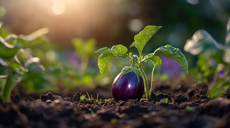 A stunning close-up of a vibrant eggplant plant emerging from rich soil, bathed in warm sunlight, symbolizing growth and vitality in a garden setting.の素材
