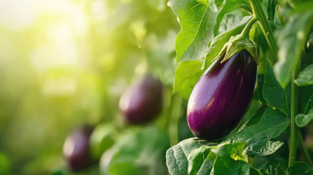 A close-up view of fresh eggplant growing in a sunny vegetable garden, surrounded by rich green leaves, showcasing the beauty of organic farming and healthy produce.の素材